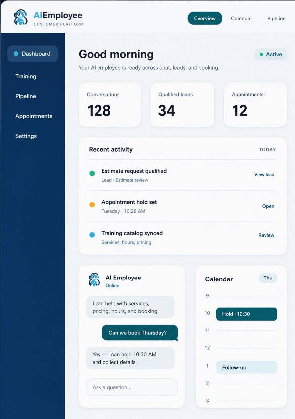 AI Employee platform dashboard with widget and calendar